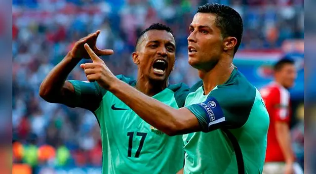 Cristiano Ronaldo celebra su gol a Hungría junto a Nani. Cristiano Ronaldo celebra su gol a Hungría junto a Nani.