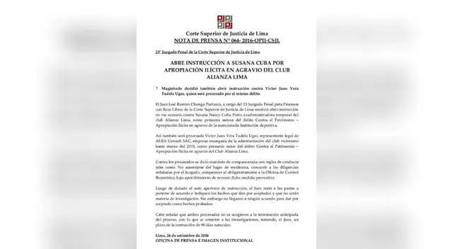 Alianza Lima: abren proceso de instrucción contra Susana Cuba. Alianza Lima: abren proceso de instrucción contra Susana Cuba.