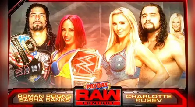 Roman Reigns y Sasha Banks vs. Rusev y Charlotte Roman Reigns y Sasha Banks vs. Rusev y Charlotte