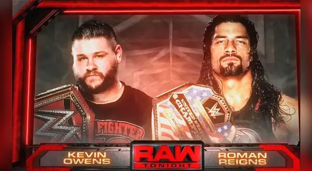 En WWE Monday Night Raw, Kevin Owens vs. Roman Reigns.