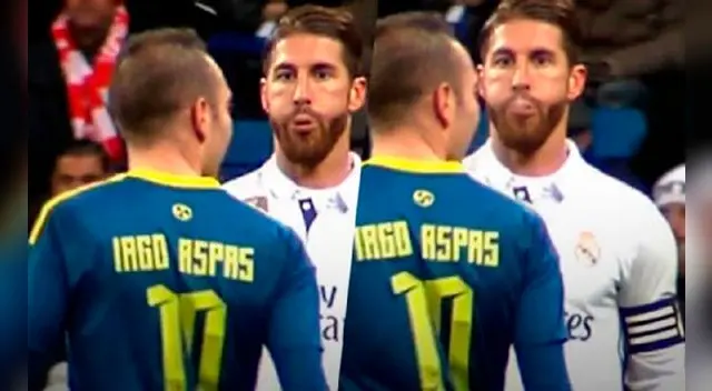 Sergio Ramos lanza un escupitajo ante la presencia de Iago Aspas. Sergio Ramos lanza un escupitajo ante la presencia de Iago Aspas.