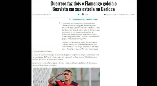 Gazetapres destacó el buen olfato de gol de Paolo Guerrero que sirve para que Flamengo lifera el Grupo B del torneo Carioca. 