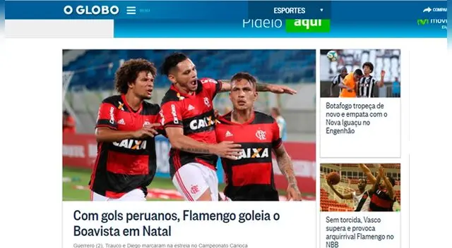 O Globo señaló que con goles de los perunaos Miguel trauco y Paolo guerrero, el Flamengo se estrenó con una goleada en el torneo Carioca.