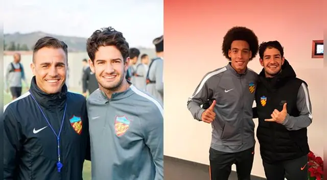 Alexandre Pato posa junto a su técnico Fabio Cannavaro y su compañero Axel Witsel.