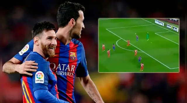 Lionel Messi celebra su gol al Sporting Gijón con Sergio Busquets. Lionel Messi celebra su gol al Sporting Gijón con Sergio Busquets.