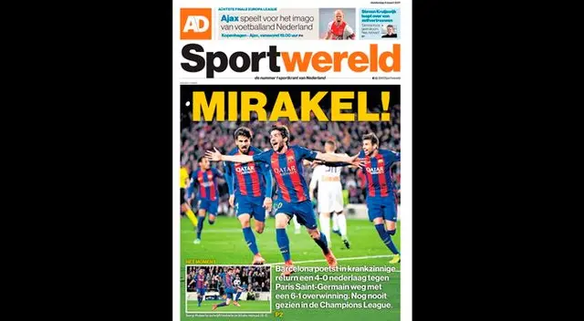 Portada del diario Sport Wereld de Holanda del triunfo del Barcelona por 6-1 al PSG en Champions League. Portada del diario Sport Wereld de Holanda del triunfo del Barcelona por 6-1 al PSG en Champions League.