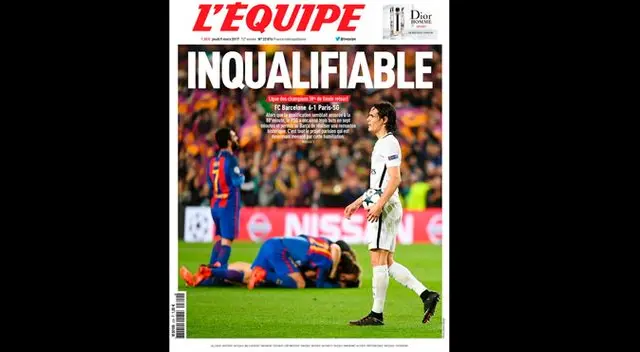 Portada del diario L'Equipe de Francia del triunfo del Barcelona por 6-1 al PSG en Champions League. Portada del diario L'Equipe de Francia del triunfo del Barcelona por 6-1 al PSG en Champions League.