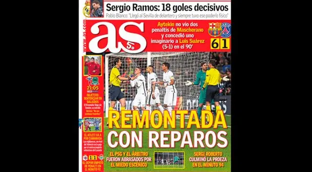 Portada del diario Mundo Deportivo de España del triunfo del Barcelona por 6-1 al PSG en Champions League. Portada del diario Mundo Deportivo de España del triunfo del Barcelona por 6-1 al PSG en Champions League.