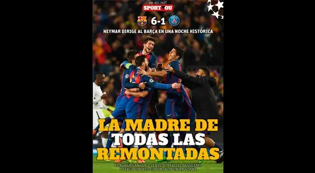 Portada del diario SportYou de España del triunfo del Barcelona por 6-1 al PSG en Champions League. Portada del diario SportYou de España del triunfo del Barcelona por 6-1 al PSG en Champions League.