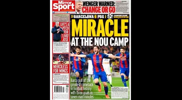 Portada del diario Mirror Sport de Inglaterra del triunfo del Barcelona por 6-1 al PSG en Champions League. Portada del diario Mirror Sport de Inglaterra del triunfo del Barcelona por 6-1 al PSG en Champions League.