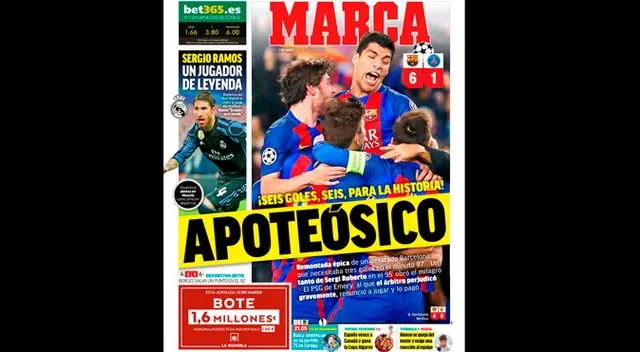 Portada del diario Marca de España sobre el triunfo del Barcelona por 6-1 al PSG en Champions League. Portada del diario Marca de España sobre el triunfo del Barcelona por 6-1 al PSG en Champions League.