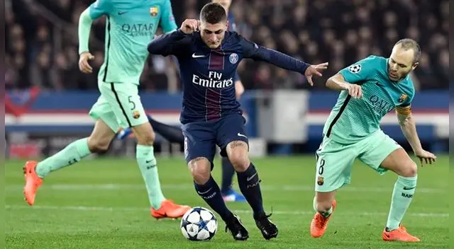 Marco Verratti conduce el balón ante la mirada de Andrés Iniesta. Marco Verratti conduce el balón ante la mirada de Andrés Iniesta.