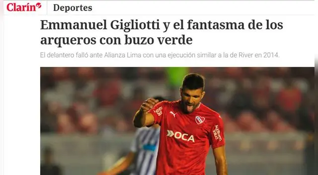 CLARÍN: Emmanuel Gigliotti y el fantasma de los arqueros con buzo verde. El delantero falló ante Alianza Lima. CLARÍN: Emmanuel Gigliotti y el fantasma de los arqueros con buzo verde. El delantero falló ante Alianza Lima.
