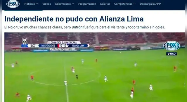 FOX SPORT: Independiente no pudo con Alianza Lima. El Rojo tuvo muchas chances claras, pero Butrón fue figura para el visitante y todo terminó sin goles. FOX SPORT: Independiente no pudo con Alianza Lima. El Rojo tuvo muchas chances claras, pero Butrón fue figura para el visitante y todo terminó sin goles.
