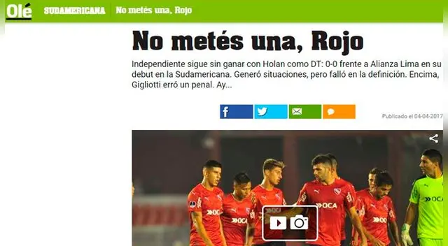 OLE: Independiente sigue sin ganar con Holan como DT frente a Alianza Lima. El arco visitante no se quebró y el Diablo pagó caro su falta de definición. OLE: Independiente sigue sin ganar con Holan como DT frente a Alianza Lima. El arco visitante no se quebró y el Diablo pagó caro su falta de definición.