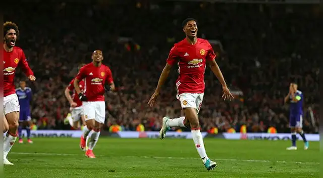 Marcus Rashford celebra el gol de la clasificación del Manchester United. Marcus Rashford celebra el gol de la clasificación del Manchester United.