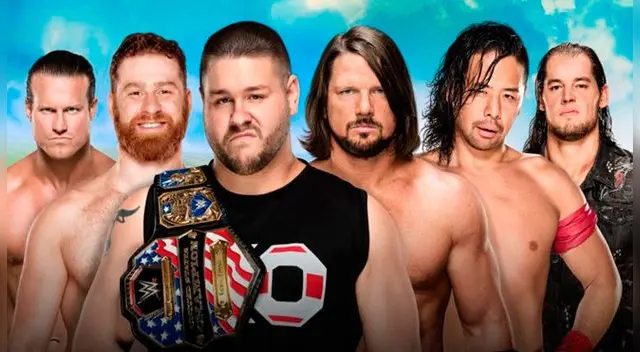 WWE Money in the Bank 2017. Lucha fatal de seis por el maletín. Kevin Owens, Baron Corbin, Dolph Ziggler, Shinsuke Nakamura, AJ Styles y Sami Zayn. Foto WWE.
