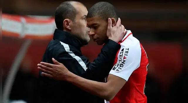 Kylian Mbappé junto al DT del Mónaco Leonardo Jardim. Kylian Mbappé junto al DT del Mónaco Leonardo Jardim.