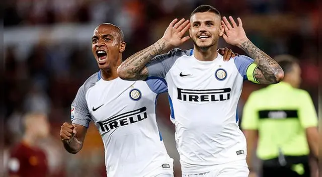 Mauro Icardi celebra uno de sus goles a la Roma junto a Joao Mario. Mauro Icardi celebra uno de sus goles a la Roma junto a Joao Mario.
