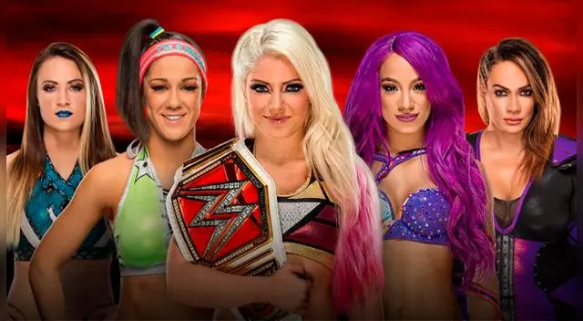 En WWE No Mercy, Alexa Bliss vs. Nia Jax vs. Emma vs. Sasha Banks vs. Bayley por el Campeonato de Mujeres de Raw. Foto: WWE