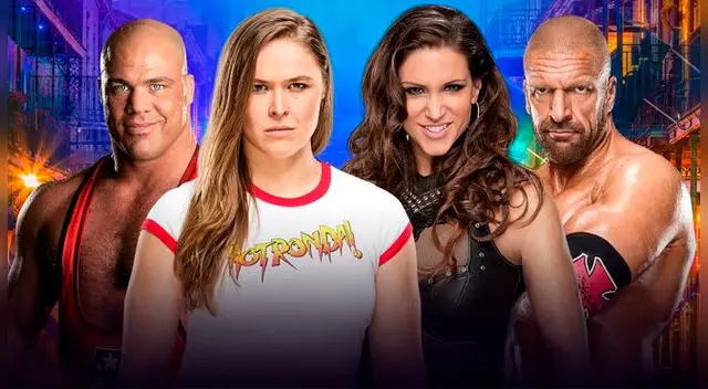 En WWE Wrestlemania 34, Kurt Angle & Ronda Rousey vs. Triple H & Stephanie McMahon. Foto: WWE