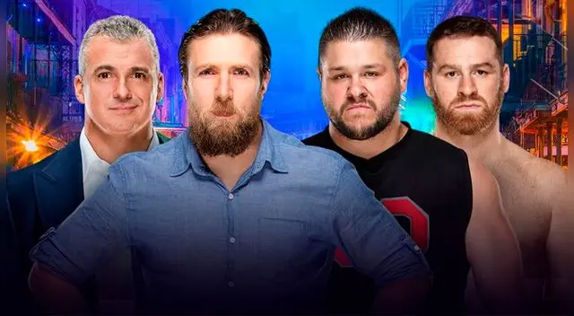 En WWE Wrestlemania 34, Daniel Bryan & Shane McMahon vs. Kevin Owens & Sami Zayn. Foto: WWE