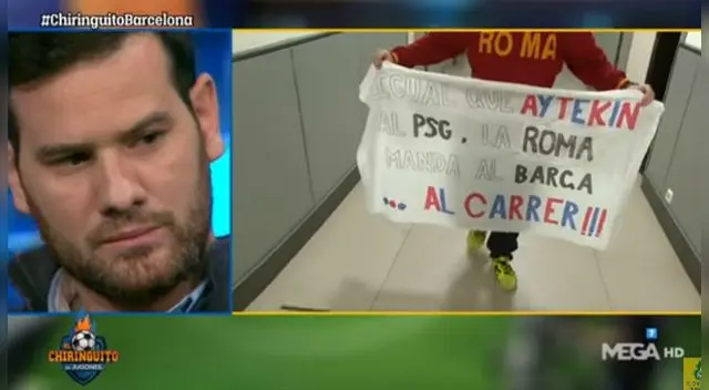 Alfredo Duro llevó una banderola con las letras de la canción que se mofa del Barcelona. Foto: Chiringuito / Captura / YouTube Alfredo Duro llevó una banderola con las letras de la canción que se mofa del Barcelona. Foto: Chiringuito / Captura / YouTube