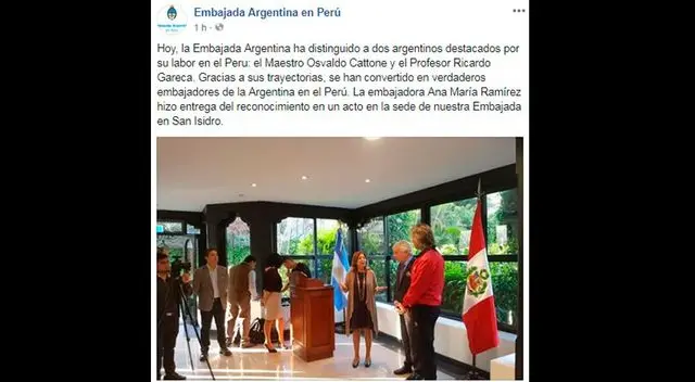 La noticia se pudo observar en la cuenta de Facebook de la Embajada Argentina.