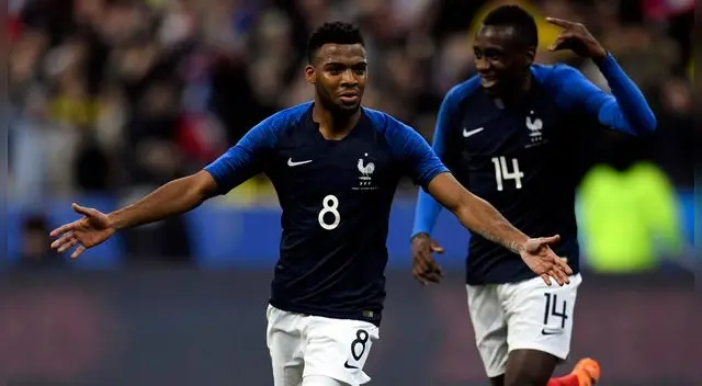 Thomas Lemar celebra un gol con Francia. Thomas Lemar celebra un gol con Francia.