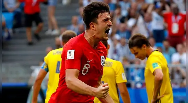 Harry Maguire celebra su gol con Inglaterra a Suecia en el Mundial Rusia 2018 Harry Maguire celebra su gol con Inglaterra a Suecia en el Mundial Rusia 2018