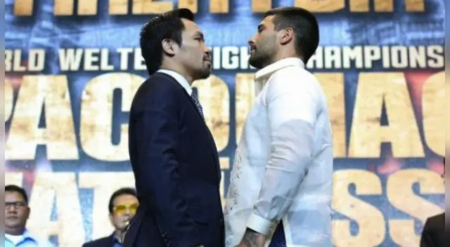 Manny Pacquiao y Lucas Matthysse frente a frente en el careo previo al evento de boxeo. Foto: Golden Boy Photo