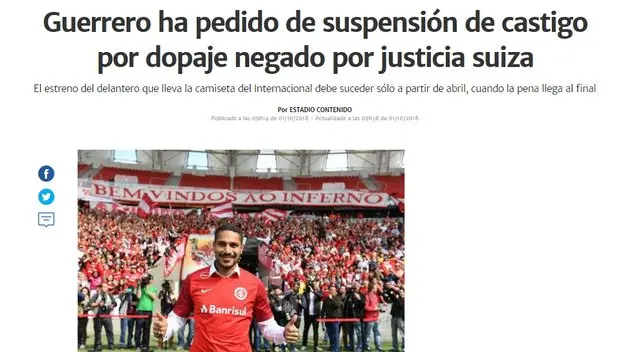 Paolo Guerrero: Reacciones de la prensa internacional con suspensión del Depredador