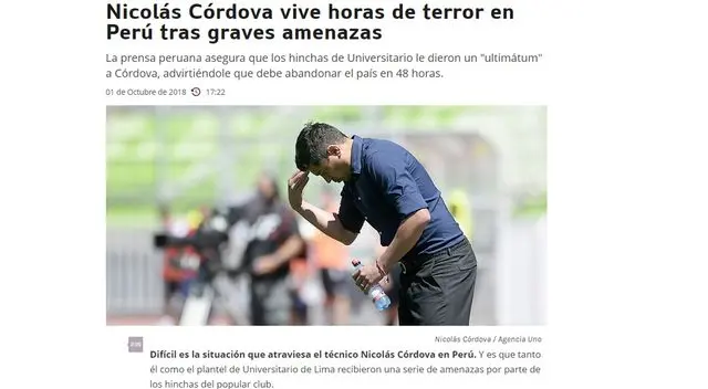 Universitario de Deportes: Prensa internacional informó sobre advertencia de hinchas a Nicolás Córdova  Universitario de Deportes: Prensa internacional informó sobre advertencia de hinchas a Nicolás Córdova