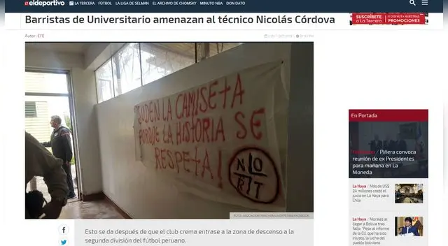 Universitario de Deportes: Prensa internacional informó sobre advertencia de hinchas a Nicolás Córdova  Universitario de Deportes: Prensa internacional informó sobre advertencia de hinchas a Nicolás Córdova