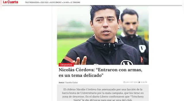 Universitario de Deportes: Prensa internacional informó sobre advertencia de hinchas a Nicolás Córdova  Universitario de Deportes: Prensa internacional informó sobre advertencia de hinchas a Nicolás Córdova