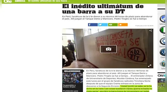 Universitario de Deportes: Prensa internacional informó sobre advertencia de hinchas a Nicolás Córdova  Universitario de Deportes: Prensa internacional informó sobre advertencia de hinchas a Nicolás Córdova