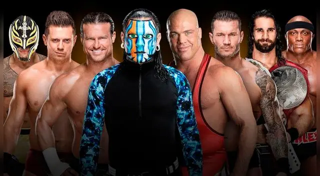 En WWE Crown Jewel 2018, Bobby Lashley, Kurt Angle, Randy Orton, Rey Mysterio, Jeff Hardy, The Miz, Seth Rollins y Dolph Ziggler por WWE World Cup.