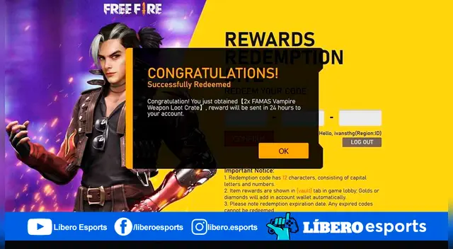 Aqui podrás canjear los códigos de Free Fire