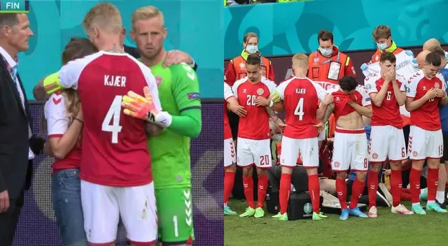Jugadores de Dinamarca consuelan a la esposa de Christian Eriksen.