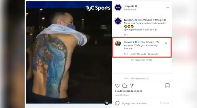 Lionel Messi pidió conocer al hincha brasileño que se tatuó su imagen. Foto: captura/TyC Sports