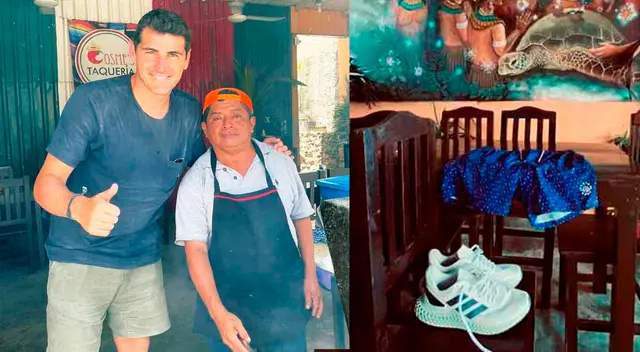 El portero español posó a lado del cocinero de la taquería Cosme´s; a los empleados del lugar les obsequió unos tenis y ropa de playa El portero español posó a lado del cocinero de la taquería Cosme´s; a los empleados del lugar les obsequió unos tenis y ropa de playa