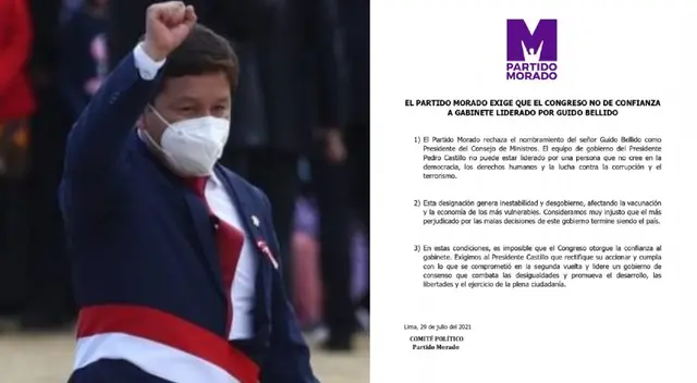 Partido Morado exige al Congreso no brindarle el voto de confianza a Guido Bellido