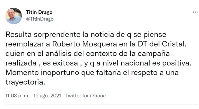 Roberto 'Titín' Drago opina sobre Roberto Mosquera. Foto: Captura Twitter.   