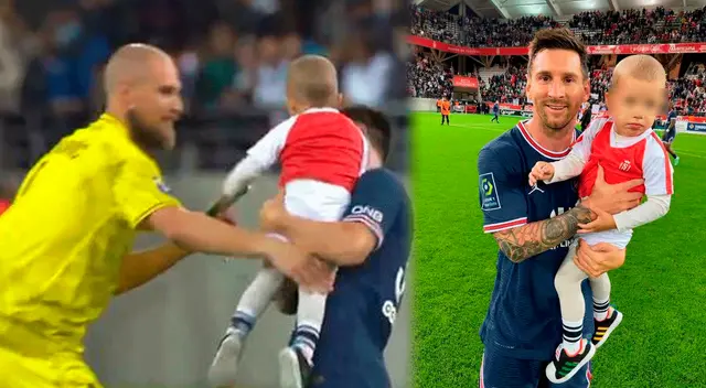 Lionel Messi sostuvo en brazos al hijo del portero de Reims al término del partido Lionel Messi sostuvo en brazos al hijo del portero de Reims al término del partido