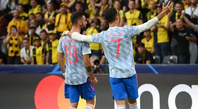 Celebración de Manchester United. Pase de Bruno Fernandes y gol de Cristiano Ronalado Celebración de Manchester United. Pase de Bruno Fernandes y gol de Cristiano Ronalado