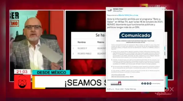 Reniec desmiente a Beto Ortiz sobre funcionarios que 'tengan más de un DNI'