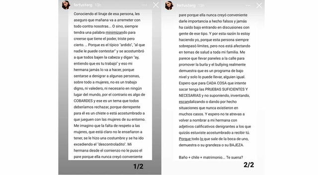 Historias de Instagram de Fernanda Fuster por ataques de Rodrigo Gonzales.