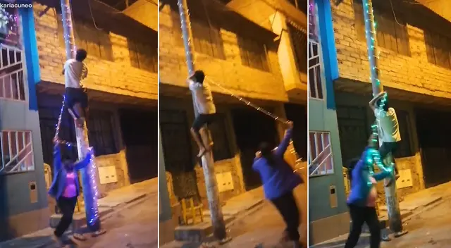 Señora se emociona al adornar poste de luz y por poco ata a su hijo con las luces Señora se emociona al adornar poste de luz y por poco ata a su hijo con las luces