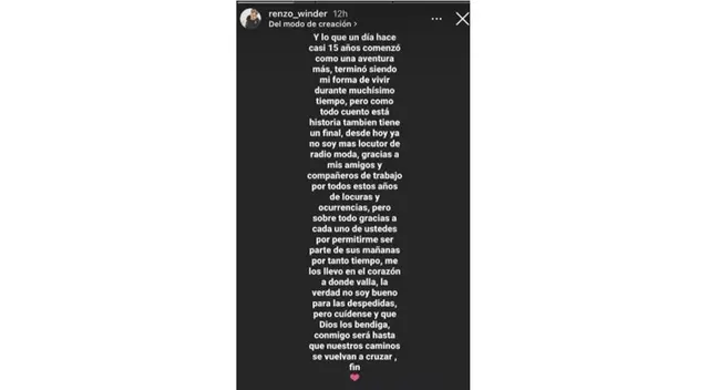 Renzo Winder se despide de Radio Moda tras permanecer 15 años Renzo Winder se despide de Radio Moda tras permanecer 15 años
