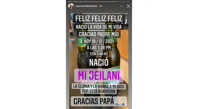 Josimar anuncia nacimiento de su hija Jeilani
